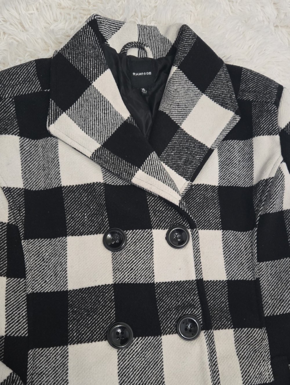 Rampage Womens Black & White Buffalo Checkered  Double-Breasted Pea Coat Size XL